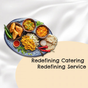 A vibrant spread of Indian dishes on a patterned plate with the text 'Redefining Catering Service'