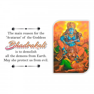 Image of Goddess Bhadrakali destroying demons, with text about her avatar.