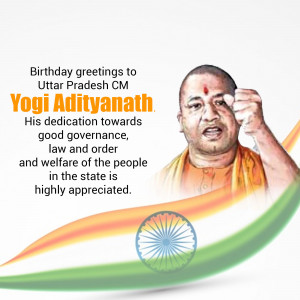 Image of Yogi Adityanath with birthday greetings and Indian flag.