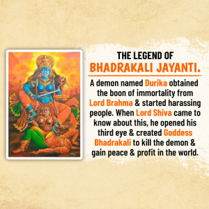 Painting of Goddess Bhadrakali slaying a demon, with text describing the legend of Bhadrakali Jayanti.