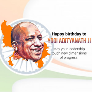 Image of Yogi Adityanath with a birthday message and Indian flag elements.