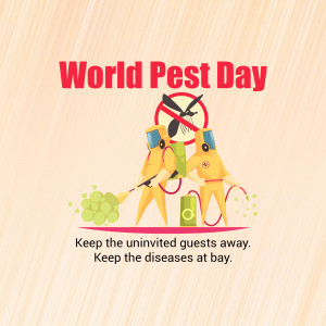 Illustration for World Pest Day featuring pest control workers and a mosquito with a 'no' symbol.