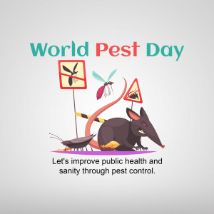 Illustration for World Pest Day featuring pests like mosquitoes, rats, and flies with warning signs.