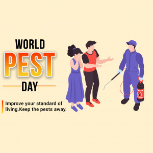 Illustration of a pest control worker spraying near a couple, promoting World Pest Day.