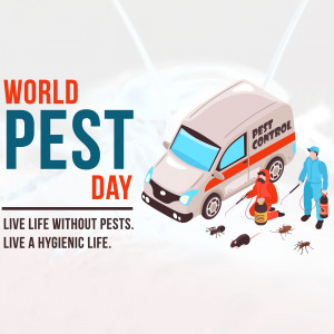 Illustration for World Pest Day featuring a pest control van and technician.