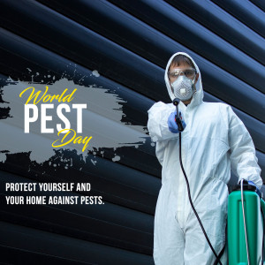 Pest control worker in protective gear spraying for pests on World Pest Day.