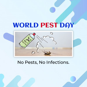 Image promoting World Pest Day with a pest control spray and a cockroach.