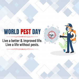 Illustration of a pest control worker spraying for insects with the text 'World Pest Day'
