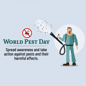 Illustration of a pest control worker spraying insecticide with a mosquito crossed out, promoting World Pest Day.