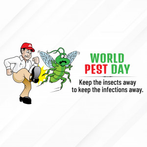 Cartoon illustration of a man kicking a green insect with the text 'World Pest Day'