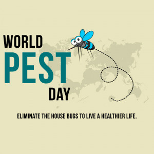 Illustration of a mosquito flying over a world map with text promoting World Pest Day.