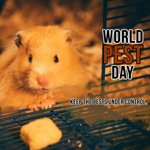 A cute hamster looking at the camera with 'World Pest Day' text overlay.