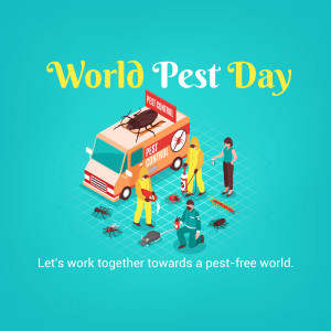 Isometric illustration for World Pest Day featuring pest control workers and pests.