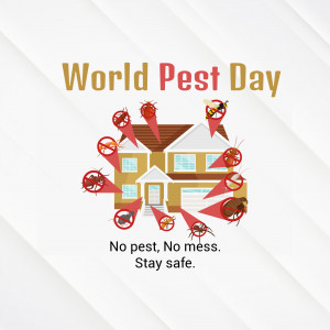 Illustration of a house surrounded by pests with red 'no entry' signs, promoting World Pest Day.