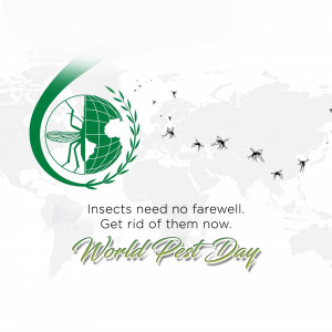 World Pest Day graphic with a globe, mosquitoes, and text promoting pest control.