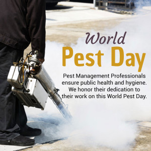 A pest control worker using a fogging machine with the text 'World Pest Day' displayed prominently.