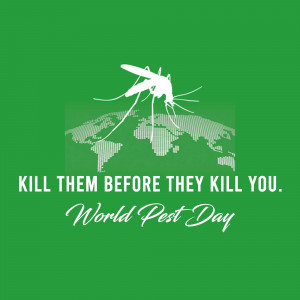 Image depicting a mosquito over a world map with the text 'Kill them before they kill you' and 'World Pest Day'.