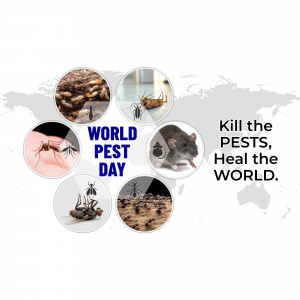World Pest Day poster with images of various pests and a world map.