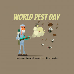 Illustration of a pest control worker spraying pesticides with various insects surrounding him, promoting World Pest Day.