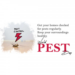 Image depicting a cockroach with a pest control symbol and text promoting pest control and World Pest Day.