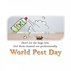 Advertisement for World Pest Day featuring pest control spray and a cockroach.