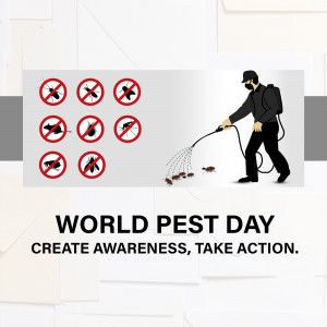 Illustration of a pest control worker and pest icons with the text 'World Pest Day'