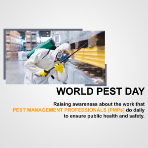 Pest control professional spraying insecticide in a warehouse with World Pest Day text overlay.