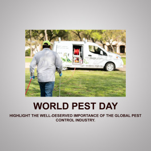 Pest control technician working on a lawn with a company van in the background and 'World Pest Day' text overlay.