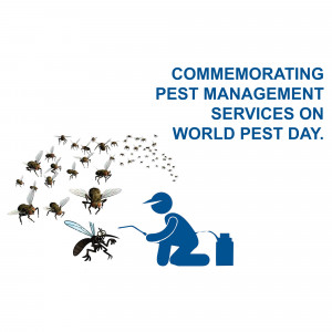 Illustration of a pest control worker spraying bees with text commemorating World Pest Day.