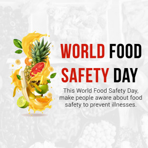 Image promoting World Food Safety Day with fruits and juice splash.