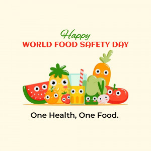 Cartoon illustration of fruits and vegetables celebrating World Food Safety Day