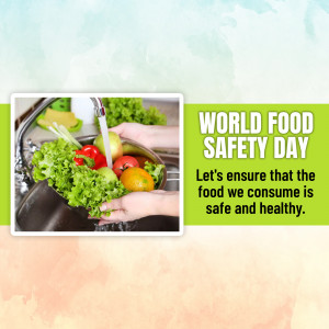 Image promoting World Food Safety Day with a person washing fruits and vegetables.