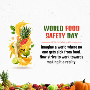 A colorful illustration of fruits and vegetables with the text 'World Food Safety Day'