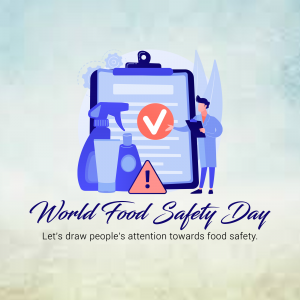 Illustration for World Food Safety Day featuring cleaning supplies, a clipboard with a checkmark, and a scientist.