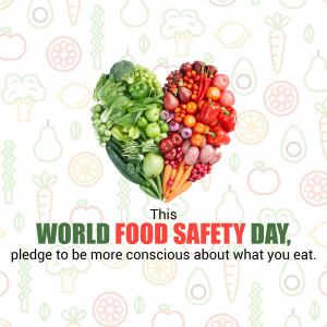 Heart shaped collage of fruits and vegetables with World Food Safety Day text