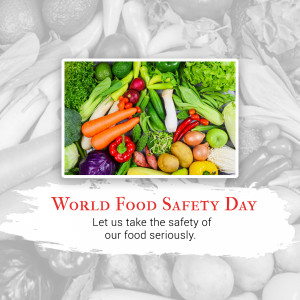 A colorful arrangement of fresh vegetables with the text 'World Food Safety Day' and a call to action.