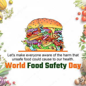 Illustration of a burger filled with scenes depicting the dangers of unsafe food, promoting World Food Safety Day.