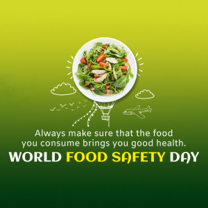 A top-down view of a fresh salad in a white bowl with a hot air balloon and airplane illustration, promoting World Food Safety Day.