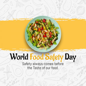 A vibrant salad on a plate with the text 'World Food Safety Day' and 'Safety always comes before the taste of our food.'