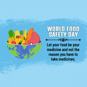 Illustration of fruits and vegetables in a bowl shaped like the Earth with text promoting World Food Safety Day.