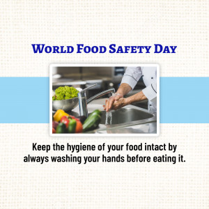 Image promoting World Food Safety Day with a chef washing hands.