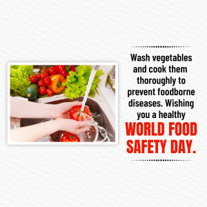 Image showing hands washing vegetables under running water with text promoting World Food Safety Day.