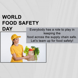 Image promoting World Food Safety Day with a woman carrying groceries.