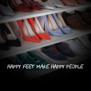 A variety of shoes displayed on shelves in a closet.