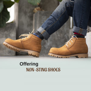 Close-up of brown leather boots with a promotional text overlay.