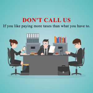 Illustration of office workers with text 'Don't Call Us' and a message about taxes.