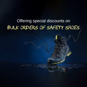 Black safety shoe with yellow laces on a reflective surface with text offering discounts on bulk orders.