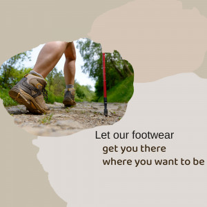 Close-up of hiking boots on a trail with text promoting footwear.