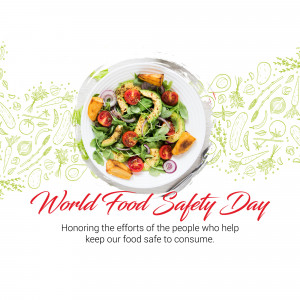 Top-down view of a colorful salad on a white plate with 'World Food Safety Day' text.