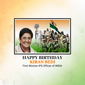 Image of Kiran Bedi with Indian soldiers and the Indian flag, celebrating her birthday.